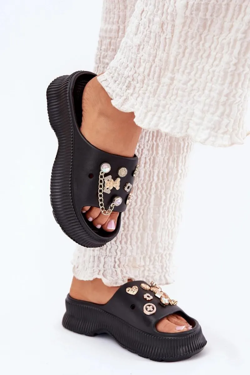 Discount Boto Piankowe Klapki Damskie Ze Złotymi Przypinkami Czarne Hortiana Czarny