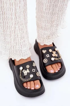 Discount Boto Piankowe Klapki Damskie Ze Złotymi Przypinkami Czarne Hortiana Czarny