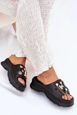 Discount Boto Piankowe Klapki Damskie Ze Złotymi Przypinkami Czarne Hortiana Czarny