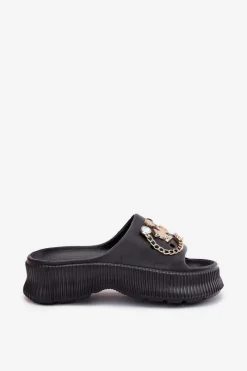 Discount Boto Piankowe Klapki Damskie Ze Złotymi Przypinkami Czarne Hortiana Czarny