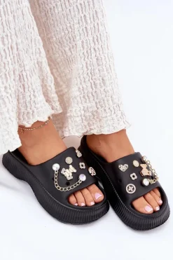 Discount Boto Piankowe Klapki Damskie Ze Złotymi Przypinkami Czarne Hortiana Czarny