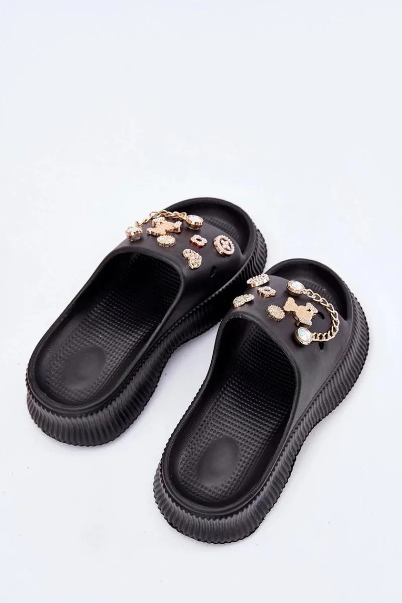 Discount Boto Piankowe Klapki Damskie Ze Złotymi Przypinkami Czarne Hortiana Czarny