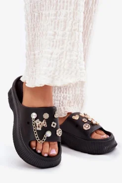 Discount Boto Piankowe Klapki Damskie Ze Złotymi Przypinkami Czarne Hortiana Czarny