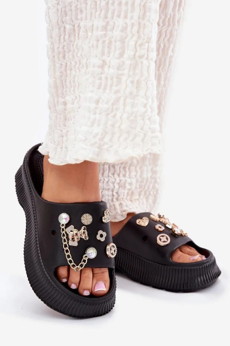 Discount Boto Piankowe Klapki Damskie Ze Złotymi Przypinkami Czarne Hortiana Czarny