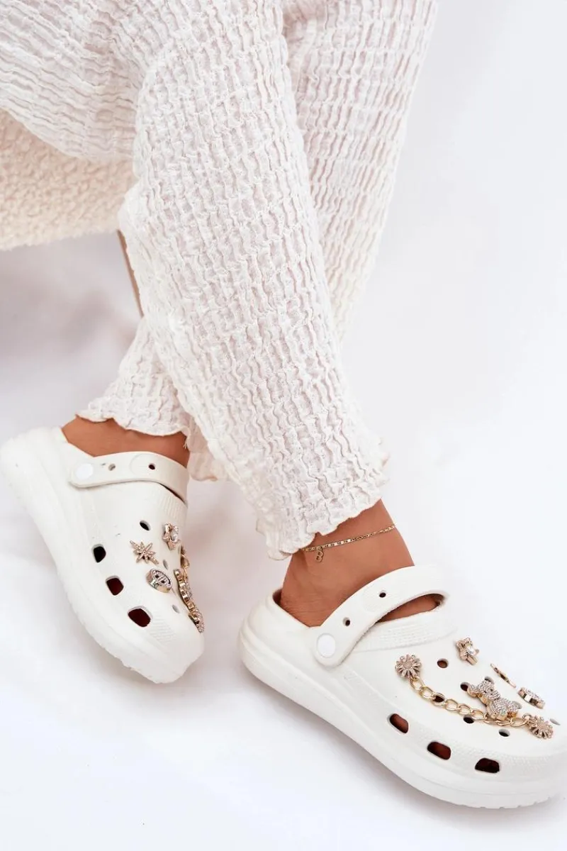 Clearance Boto Piankowe Klapki Damskie Z Przypinkami Białe Linaviela