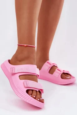 Clearance Big Star Shoes Piankowe Klapki Damskie Z Rzepami Big Star RR274A528 Różowe Różowy