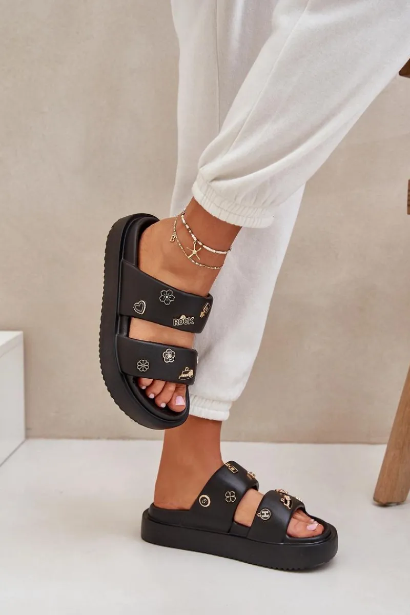 Hot Piankowe Klapki Damskie Z Przypinkami Czarne Ravanala Damskie Klapki Basenowe|Klapki Na Platformie