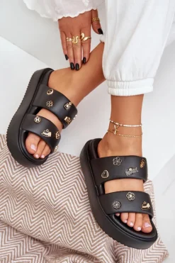 Hot Piankowe Klapki Damskie Z Przypinkami Czarne Ravanala Damskie Klapki Basenowe|Klapki Na Platformie