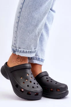 Clearance Piankowe Klapki Kroksy Na Masywnej Podeszwie Czarne Katniss Damskie Klapki Basenowe|Klapki Damskie Klasyczne