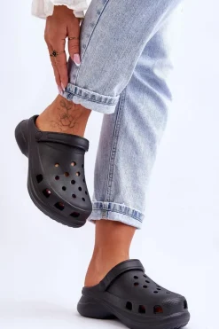 Clearance Piankowe Klapki Kroksy Na Masywnej Podeszwie Czarne Katniss Damskie Klapki Basenowe|Klapki Damskie Klasyczne