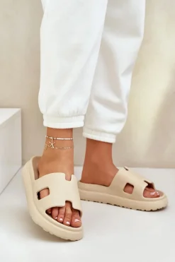 Hot Boto Piankowe Klapki Z Wycięciami Beżowe Neladith Beżowy