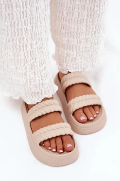 New Piankowe Lekkie Klapki Damskie Na Platformie S.Barski ZK51-001 Beżowe Damskie Klapki Basenowe|Klapki Na Platformie