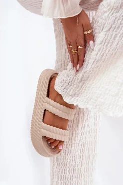 New Piankowe Lekkie Klapki Damskie Na Platformie S.Barski ZK51-001 Beżowe Damskie Klapki Basenowe|Klapki Na Platformie