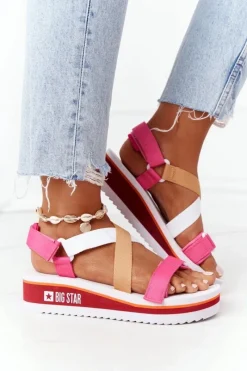 Piankowe Sandały Na Koturnie Big Star HH274A083 Różowe Damskie Sandały Big Star|Sandały Na Koturnie