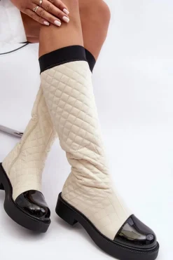 Online Boto Pikowane Kozaki Przed Kolano Na Płaskim Obcasie Beżowe Amalfri