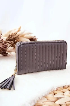 Hot Pikowany Portfel Z Frędzelkiem Szary Portfele