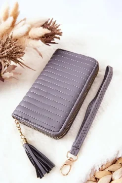 Hot Pikowany Portfel Z Frędzelkiem Szary Portfele