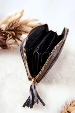 Hot Pikowany Portfel Z Frędzelkiem Szary Portfele