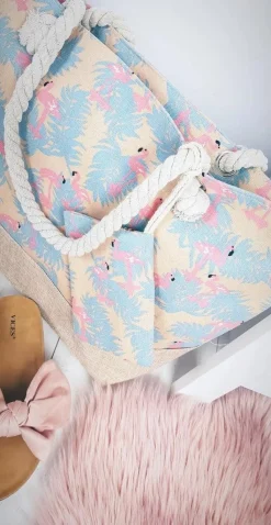 Outlet Plażowa Duża Beżowa Torebka Torba Damska Flamingi Torebki Plażowe