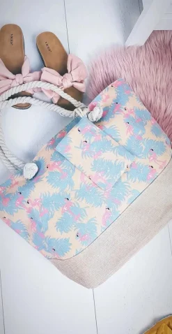 Outlet Plażowa Duża Beżowa Torebka Torba Damska Flamingi Torebki Plażowe