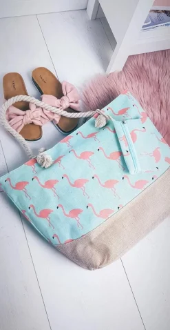 Hot Boto Plażowa Duża Jasno Niebieska Torebka Torba Damska Flamingi