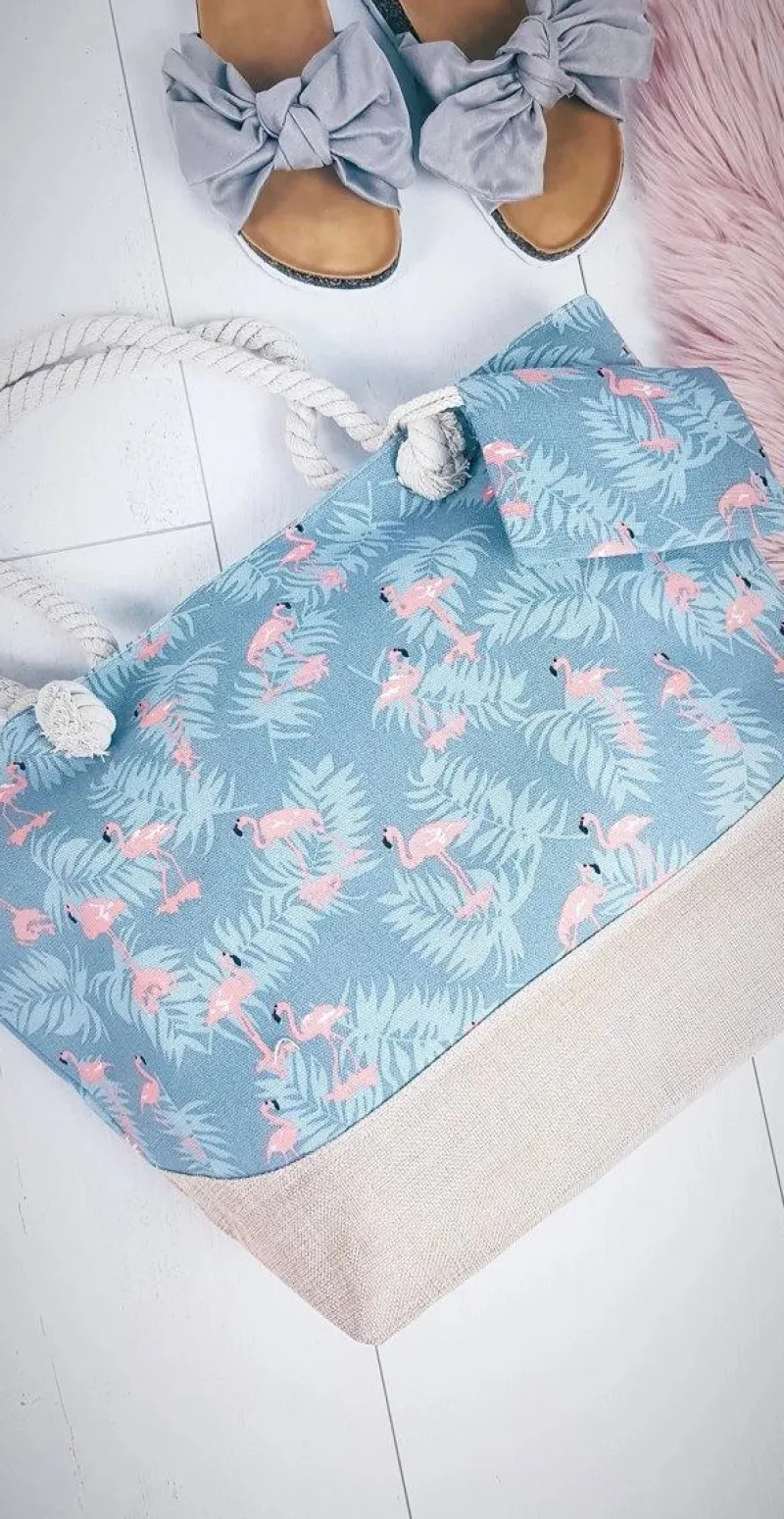 Torebki Plażowe>Boto Plażowa Duża Niebieska Torebka Torba Damska Flamingi