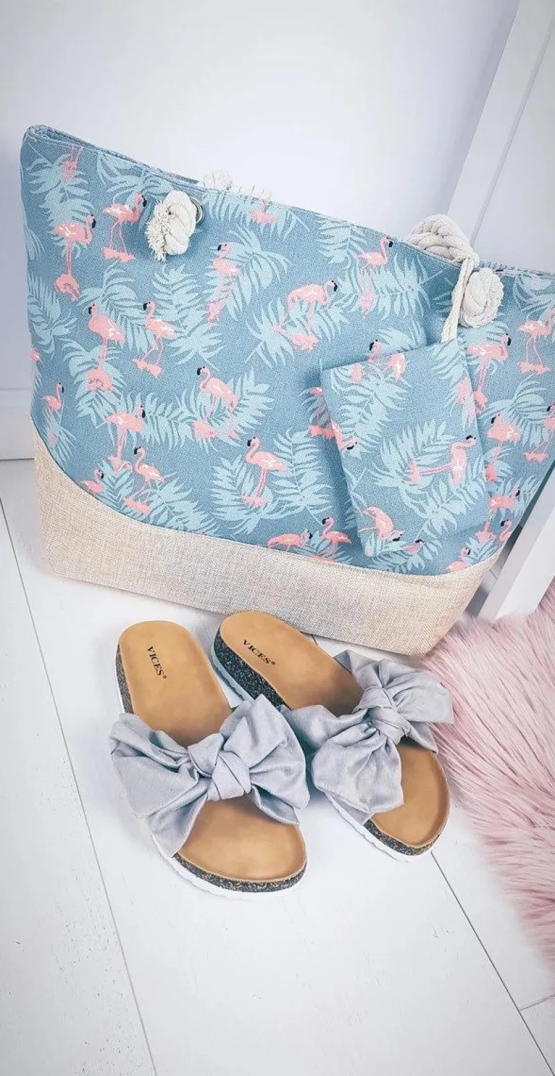 Torebki Plażowe>Boto Plażowa Duża Niebieska Torebka Torba Damska Flamingi