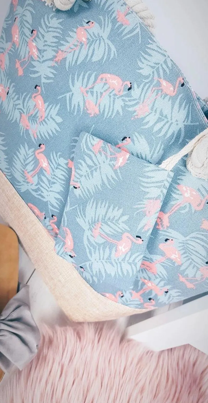 Torebki Plażowe>Boto Plażowa Duża Niebieska Torebka Torba Damska Flamingi