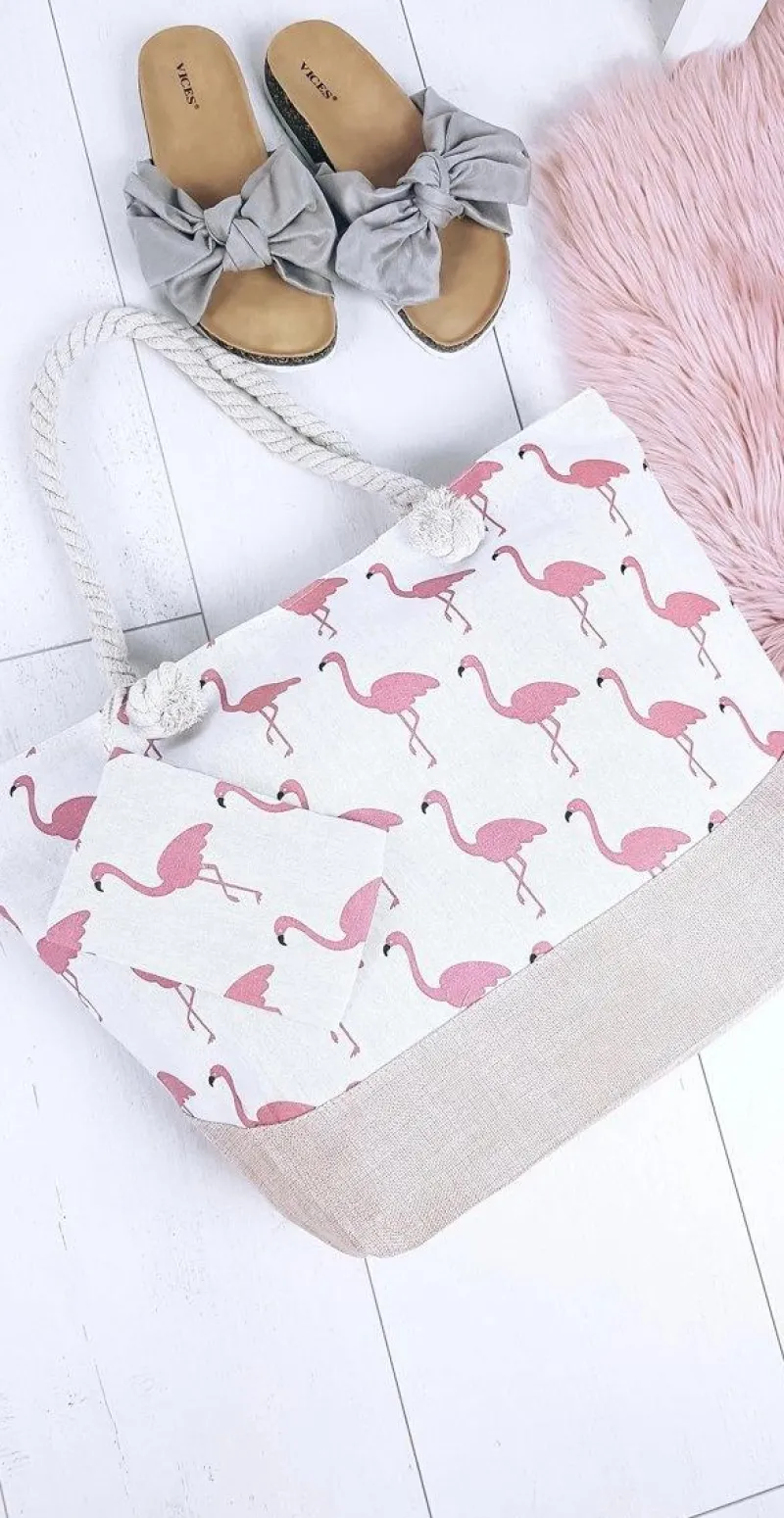 New Boto Plażowa Duża Różowa Torebka Torba Damska Flamingi