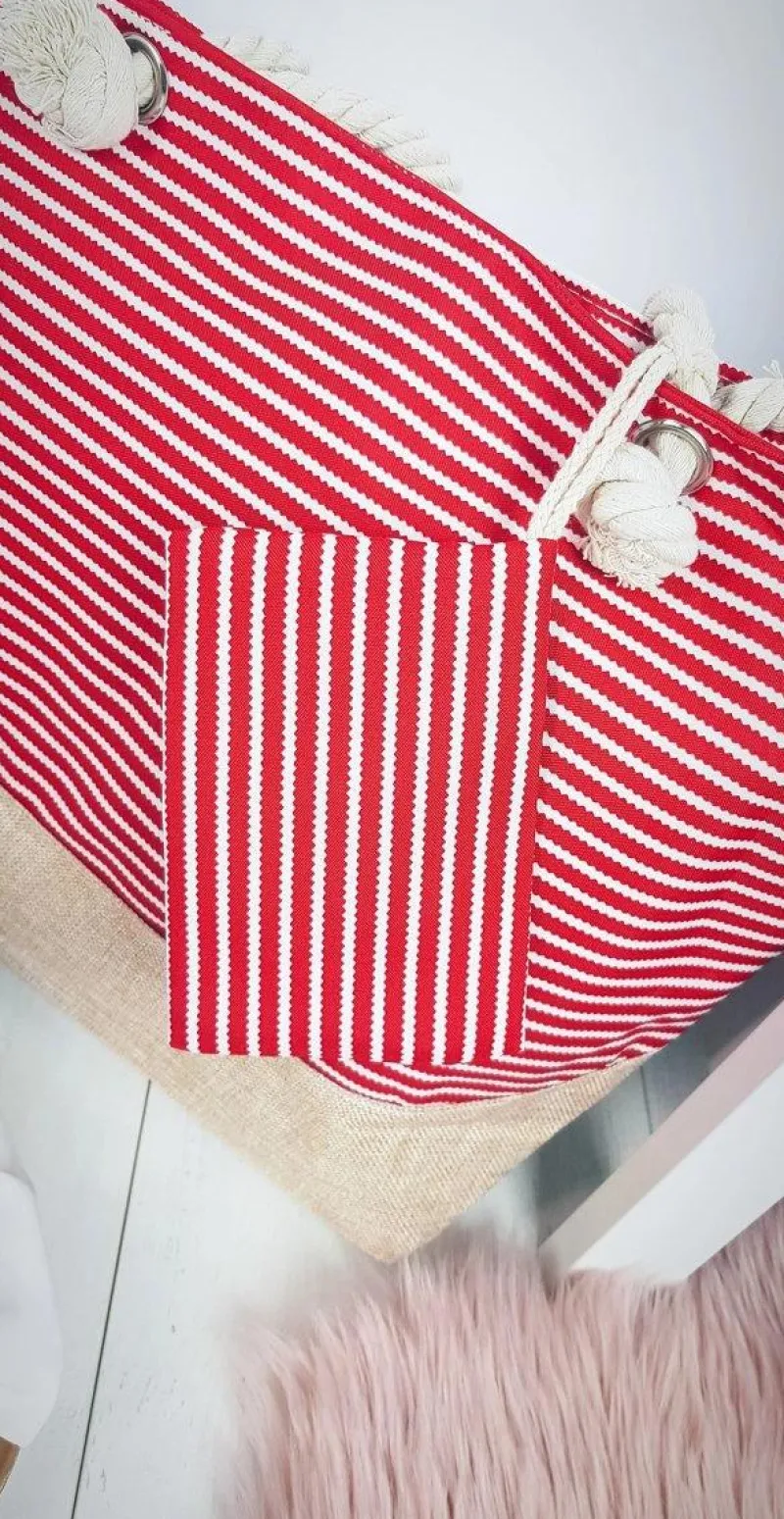 Torebki Plażowe>Boto Plażowa Duża Torebka Torba Damska Czerwone Paski