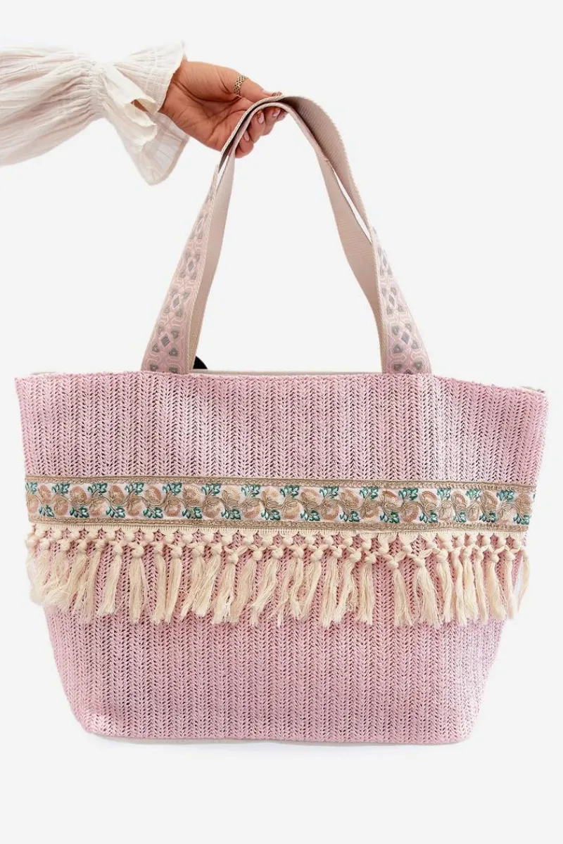 Sale Pleciona Duża Torba Plażowa Z Frędzlami Różowa Missalori Torebki Plażowe|Torebki Klasyczne