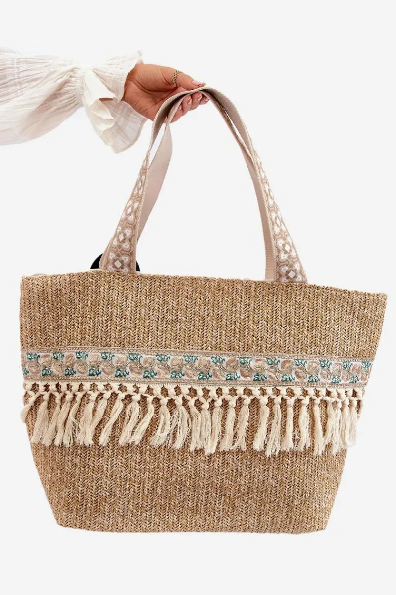 Online Boto Pleciona Duża Torba Plażowa Z Frędzlami Jasnobrązowa Missalori