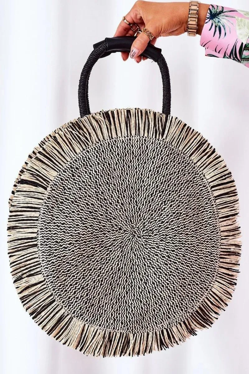 New Boto Pleciona Okrągła Torebka Boho BRUNO ROSSI Czarno-Beżowa