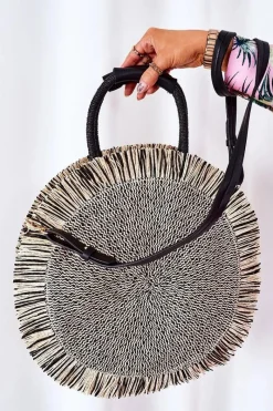 New Boto Pleciona Okrągła Torebka Boho BRUNO ROSSI Czarno-Beżowa