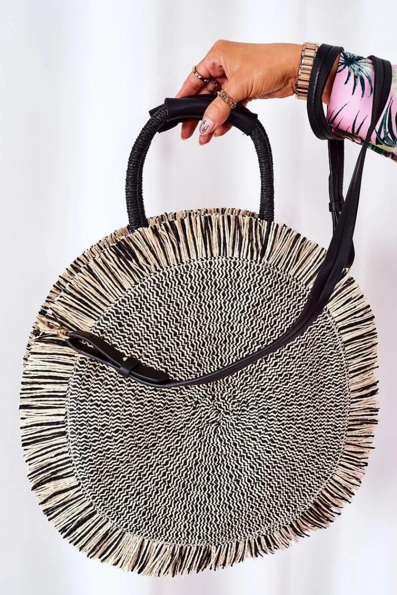 New Boto Pleciona Okrągła Torebka Boho BRUNO ROSSI Czarno-Beżowa