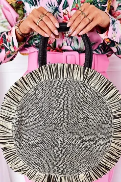 New Boto Pleciona Okrągła Torebka Boho BRUNO ROSSI Czarno-Beżowa