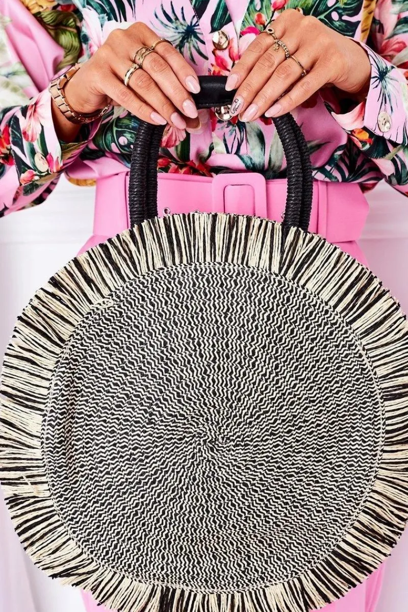 New Boto Pleciona Okrągła Torebka Boho BRUNO ROSSI Czarno-Beżowa