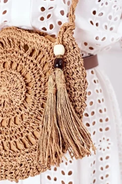 New Pleciona Okrągła Torebka Boho BRUNO ROSSI Camel Torebki Plażowe|Torebki Klasyczne