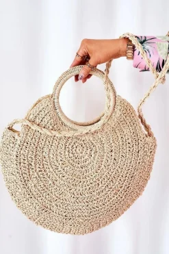 Outlet Pleciona Okrągła Torebka Boho BRUNO ROSSI Beżowa Torebki Plażowe|Torebki Klasyczne