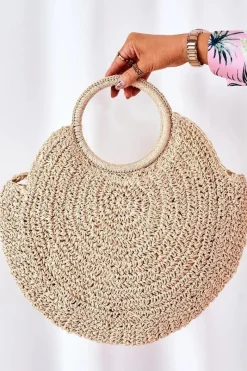 Outlet Pleciona Okrągła Torebka Boho BRUNO ROSSI Beżowa Torebki Plażowe|Torebki Klasyczne