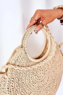 Outlet Pleciona Okrągła Torebka Boho BRUNO ROSSI Beżowa Torebki Plażowe|Torebki Klasyczne