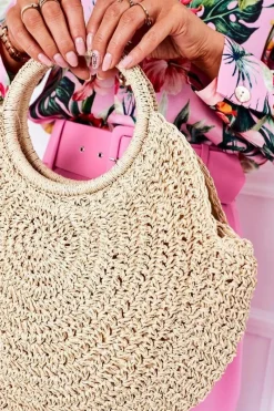 Outlet Pleciona Okrągła Torebka Boho BRUNO ROSSI Beżowa Torebki Plażowe|Torebki Klasyczne