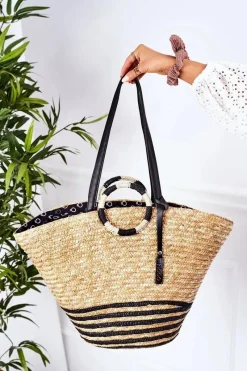 Torebki Plażowe|Torebki Nobo>Nobo Pleciona Torebka Kosz Na Plażę XK0370 Beżowo-Czarna