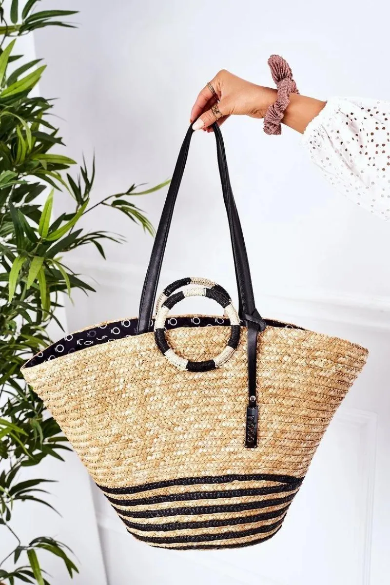 Torebki Plażowe|Torebki Nobo>Nobo Pleciona Torebka Kosz Na Plażę XK0370 Beżowo-Czarna