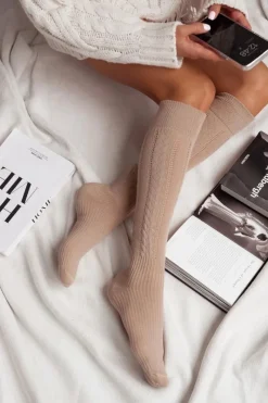 Milena Podkolanówki Damskie Ażurowe Warkocz Beżowe