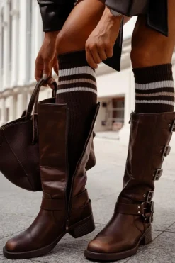 Discount Milena Podkolanówki Damskie W Prążek Z Paskami Czekoladowe