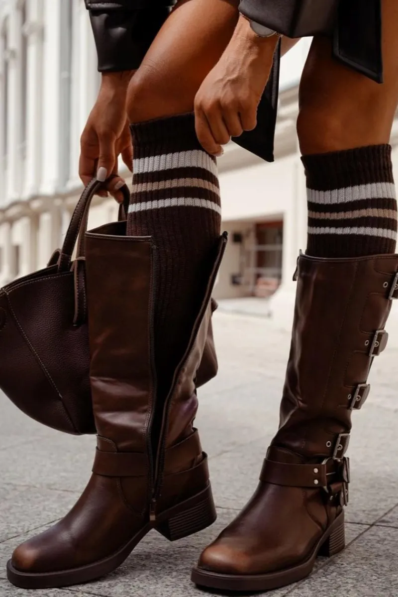 Discount Milena Podkolanówki Damskie W Prążek Z Paskami Czekoladowe