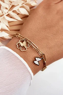 Hot Podwójna Bransoletka Z Koniczynami I Motylami Złota Bransoletki