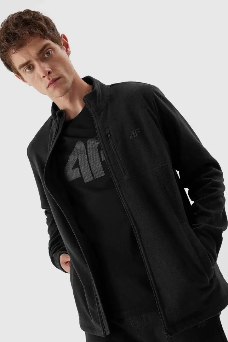 Bluzy Męskie|Odzież 4F>4F Polar Męski Ze Stójką Regular AW23TFLEM122-21S Czarny