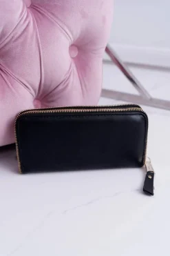 Online Portfel Damski Duży Czarny Złoty Ozdobny Suwak Portfele